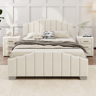 VYNXARIA Beige Velvet Full Size 3-Piece Bedroom Set with Upholstered Platform Bed and Nightstands
