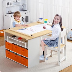 Jojoka Kids Art Table and 2 Chairs,Toddler Craft and Play Wood Activity Table with Storage Bins,Drawing Desk - 1 of 4