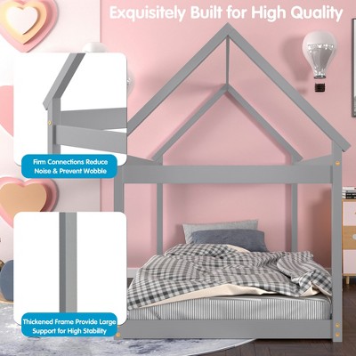 Gray Twin House Bed with Wood Frame and Roof