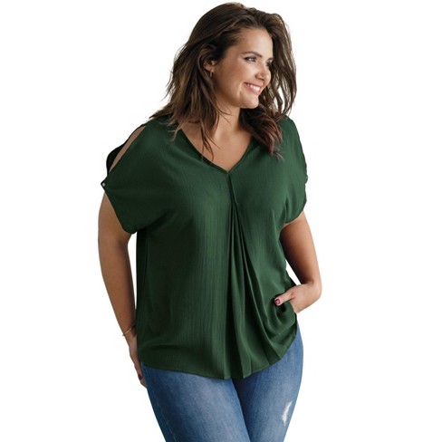 ellos Women's Plus Size Slit Sleeve Blouse, 26/28 - Midnight Green