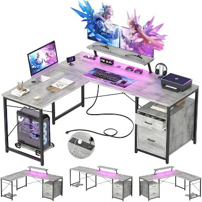 Aheaplus L-Shaped Desk with File Drawer, Reversible Computer Desk with Power Outlet and LED Strip, Corner Writing Desk with Monitor Stand