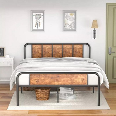 VECELO Bed Frame with Industrial Wooden Headboard
