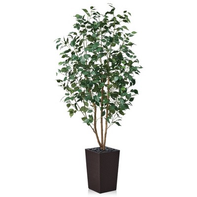 DR.Planzen 72" Faux Ficus Tree with Real Wood - UV Resistant 6FT Artificial Plant with Silk Leaves in 15.7" Planter for Indoor & Floor Decor
