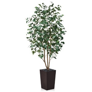 DR.Planzen 72" Faux Ficus Tree with Real Wood - UV Resistant 6FT Artificial Plant with Silk Leaves in 15.7" Planter for Indoor & Floor Decor - 1 of 4