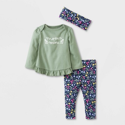 Image of Baby Girls' 3pc 'Mama's Mini' Top & Bottom Set with Headband - Cat & Jack™ Green 6-9M