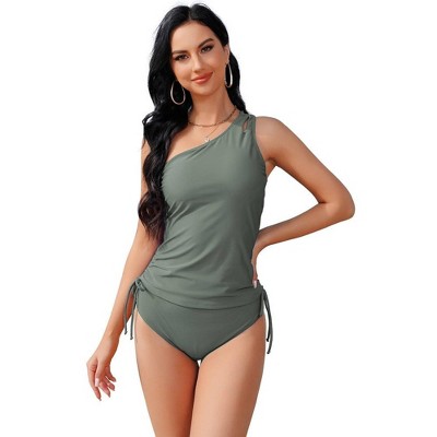 Womens 2 Piece Tankini Sets with Side Tie Ruched One Shoulder Swimwear Spaghetti Straps Solid Swimsuits for Summer, Pool, Bathing