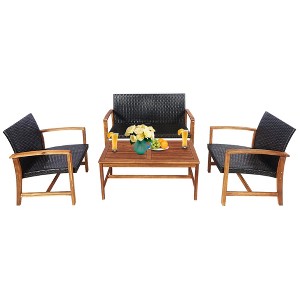 Costway 4PCS Outdoor Patio Rattan Furniture Set Acacia Wood Frame Sofa Loveseat Garden - 1 of 4