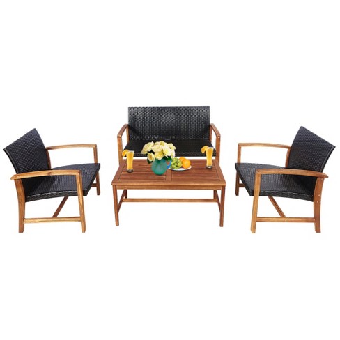 Costway 4PCS Outdoor Patio Rattan Furniture Set Acacia Wood Frame Sofa Loveseat Garden - image 1 of 4