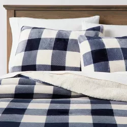 King Traditional Cozy Faux Shearling Comforter & Sham Set Navy/Cream - Threshold™