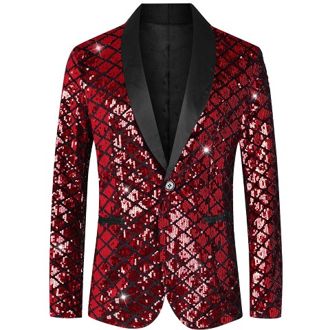 Lars Amadeus Men's Argyle Pattern Peak Lapel Prom Shiny Squins Blazers Red X Large