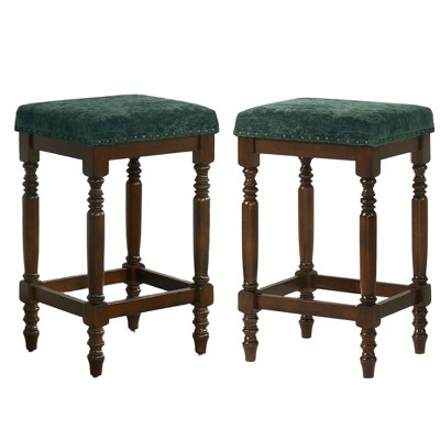 Dsvimoy Counter and Bar Stool Rustic Wooden Set of 2 with Green Fabric Padded Seat for Farmhouse Dining, Brown, 30.51"*18.9"*9.45"