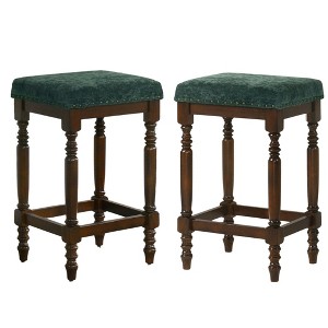 Dsvimoy Counter and Bar Stool Rustic Wooden Set of 2 with Green Fabric Padded Seat for Farmhouse Dining, Brown, 30.51"*18.9"*9.45" - 1 of 4