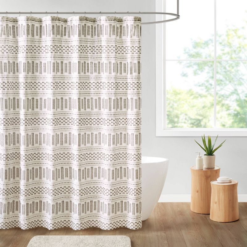 72&#34;x72&#34; Rhea Cotton Jacquard Shower Curtain Ivory/Charcoal - Ink+Ivy, 1 of 7