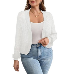 Women's Plus Size Cropped Cardigan Lightweight Hollow Out Long Sleeves Crochet Summer Short Shrugs Cardigan Sweater - 1 of 4