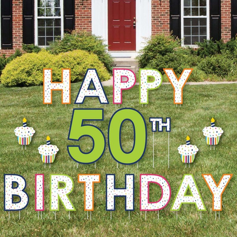 Big Dot of Happiness 50th Birthday - Cheerful Happy Birthday - Outdoor Lawn Decorations - Fiftieth Birthday Party Yard Signs - Happy 50th Birthday, 1 of 8