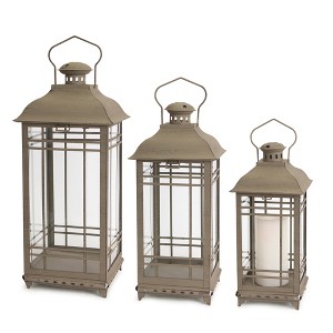 HomeRoots Set of Three Brown Distressed Geometric Glass And Metal Floor Lantern Candle Holders - 1 of 4
