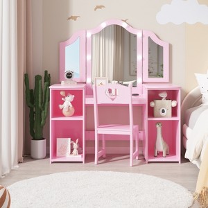 Kids Vanity Table,Girls 2 in 1 Princess Makeup Desk with Touch Light Detachable Tri-Folding Mirror,Wood Makeup Set with Chair,for Little Girls-Pink - 1 of 4