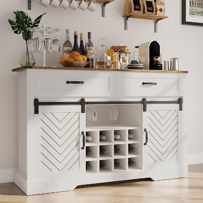 Heynemo Farmhouse Buffet Cabinet with Storage, Sliding Barn Door, Wine & Glass Rack, Storage Shelves, for Kitchen, Dining Room
