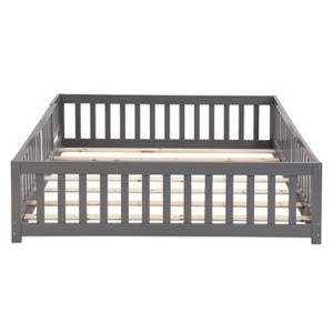 Racxily Twin Floor Bed with Door & Fence, Solid Pine Wood Platform Bed Frame for Kids, Gray/White - 1 of 4