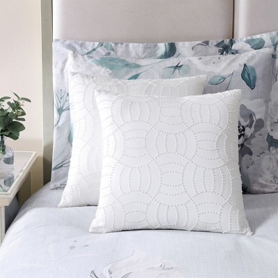 White Embroidered Cotton Linen Square Throw Pillow