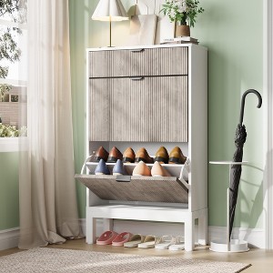 2-Drawer Shoe Cabinet - Farmhouse Fluted Design w/Metal Legs, Slim Entryway Organizer for Foyer/Hallway - 1 of 4