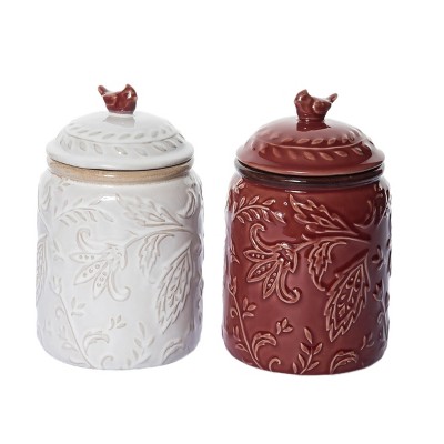 Transpac Ceramic Embossed Cardinal Canister Set of 2 Christmas Home Decorations