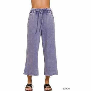 Women's Acid Washed Raw Hem Cropped Sweatpants - ZENANA - 1 of 2