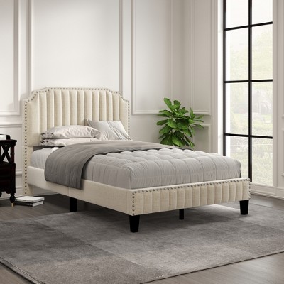 Full Size Modern Linen Curved Upholstered Wood Platform Bed, Beige ...