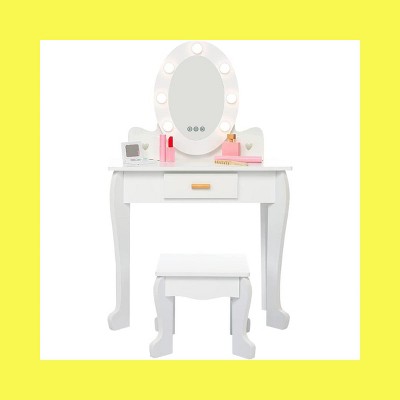 Garvee Vanity Set,Girls' Vanity Table and Chair Set, Makeup Table with Lights Mirror ,for Age 4-9, White