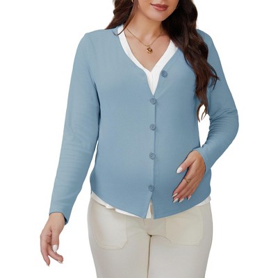 INSPIRE CHIC Women's Maternity Button Down Shirts Pregnancy Clothes Long Sleeve V Neck Faux 2-Pcs Nursing Tops