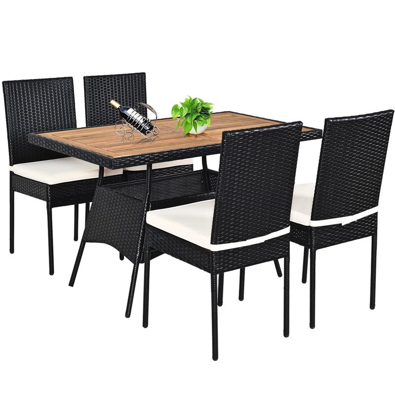 Tangkula 5PCS Outdoor Rattan Wicker Dining Set Acacia Wood Table & 4 Chairs with Cushions, 1 of 6