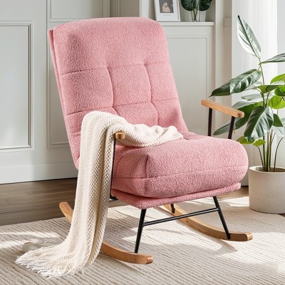 VECELO Upholstered Teddy Fabric Rocking Chair Modern Lounge Rocker Recliner with Adjustable Backrest, Padded Seat White/Pink