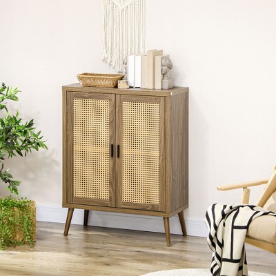 Versatile Brown Sideboard Buffet Cabinet with Rattan Doors