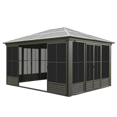DOMETOUR 12x14FT Outdoor Sunroom, Steel Hardtop Gazebo, Aluminum Solarium with Lockable Door & Moveable Screen for Patio/Backyard