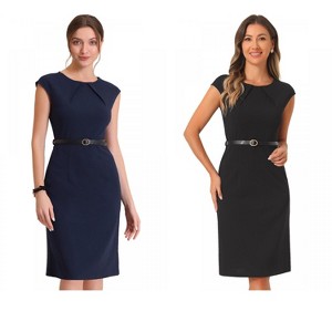 INSPIRE CHIC Women's Elegant Business Round Neck Belted Cap Sleeve Work Sheath Dresses 2 Packs - 1 of 4