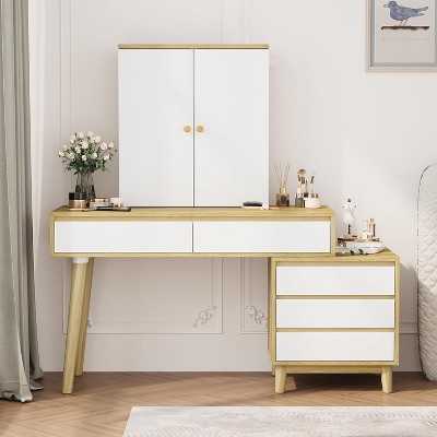 Makeup Vanity Table with 6 Drawers, Dressing Table with Large Mirror, 3 Color Lighting Modes, Brightness Adjustable, Open Shelves Vanity Table, White