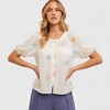Knit & Lounge Women’s White Embroidered Short Sleeve Button Front Top Elastic Neckline Puff Sleeves Lightweight - 2 of 4