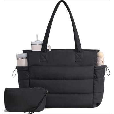 Tote Bag for Women with Giant Tumbler Holder Pocket, Puffer Work Travel Laptop Handbag with Zipper