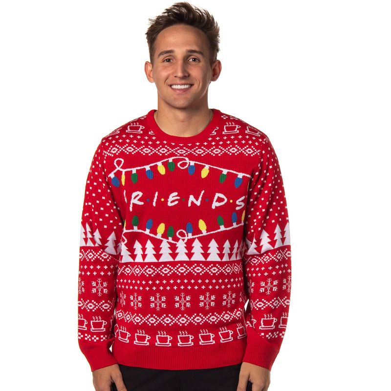 Friends TV Series Men's Logo And Holiday Lights Ugly Christmas Sweater, 1 of 6