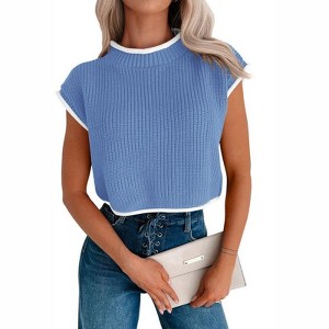 Coolmee Women's Cap Sleeve Crop Tops Summer High Neck Contrast Color Sweater Vest Ribbed Knit Sleeveless Tank Top - 1 of 4