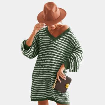 Women's Striped Long Sleeve V Neck Sweater Dress - Cupshe