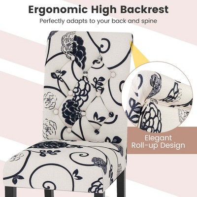 Set of 2 High Back Black and White Linen Upholstered Dining Chairs