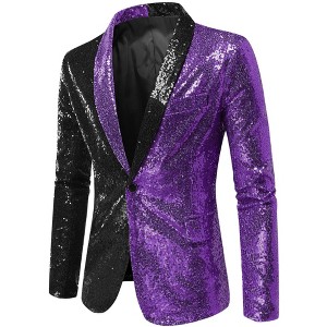 INSPIRE CHIC Men's Shawl Lapel Party Disco Shinny Color Block Sequin Blazer - 1 of 4