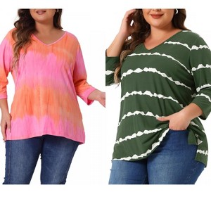 Women's Plus Size 2 Pieces Tie Dye Side Slit 3/4 Sleeve V Neck Casual Stripe Blouse - Agnes Orinda - 1 of 4