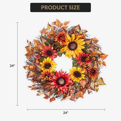 24 Inch Fall Wreaths for Front Door, Sunflower Wreath with Berries & Leaves, Large Autumn Wreath, Thanksgiving Harvest Wreath for Indoor Outdoor