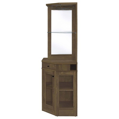 Rustic Oak Corner Bar Cabinet with Mirrored Back and Glass Shelf