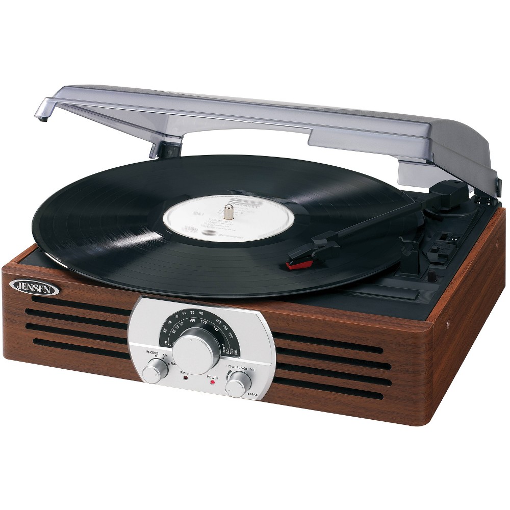 Jensen 3-Speed Stereo Turntable with Pitch Control and AM/FM Stereo Radio - Brown