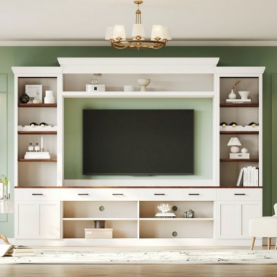 Farmhouse 4-Piece Entertainment Wall Unit Set, TV Stand with Bookshelves & Adjustable Shelves, Fits TVs Up to 70", Media Console – Cuddlewood