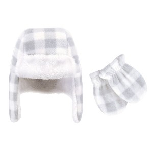 Hudson Baby Infant and Toddler Fleece Trapper Hat and Mitten 2pc Set, Gray White Plaid - 1 of 3