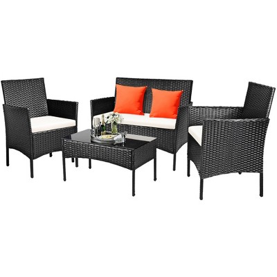 Modern Black Wicker 4-Piece Patio Set with White Cushions